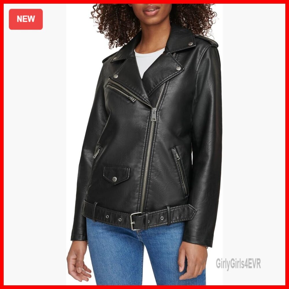 Oversized Faux Leather Motorcycle Jacket With Belt, Zipper Pockets, Water